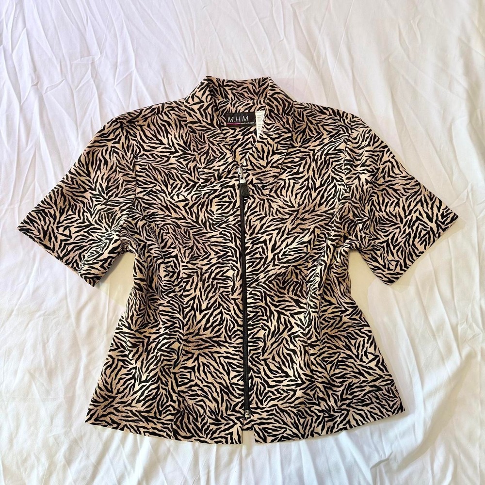Vintage Melissa Harper Zebra Print Zipper Front Blouse Tan Black Size 10